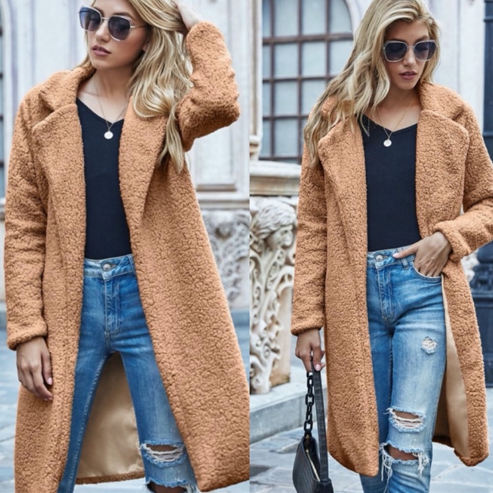 Tan fur long teddy jacket coat fall trench coat - Picture 3 of 6